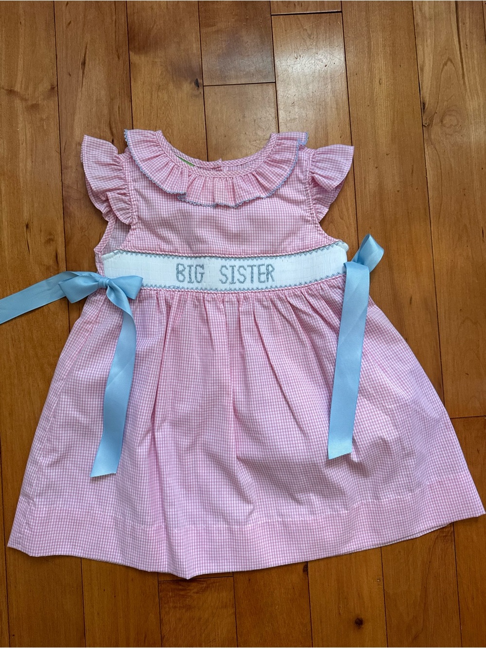 Pink 'Big Sister' Gingham Dress with Blue Ribbon